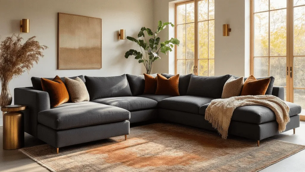"Modern living room with charcoal sectional sofa, brass accents, textured pillows, and Persian rug in warm golden hour light"