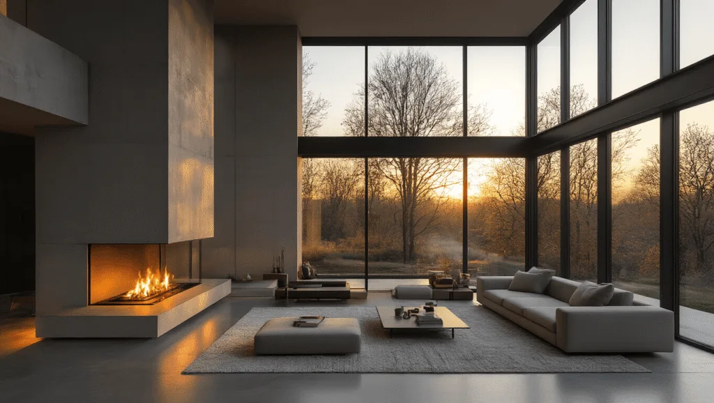 "Two-story concrete and steel fireplace in a minimalist living room with golden hour lighting"