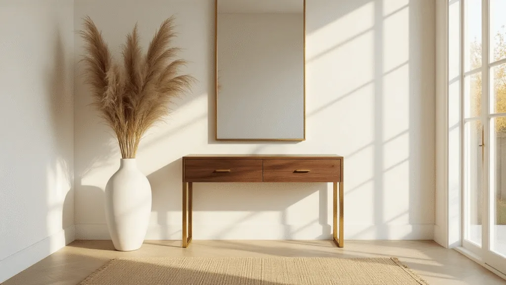 "Modern minimalist entryway with a slim walnut console table, large brass-framed mirror, white ceramic vase with pampas grass, and warm natural light illuminating a sisal runner on light wooden floors"
