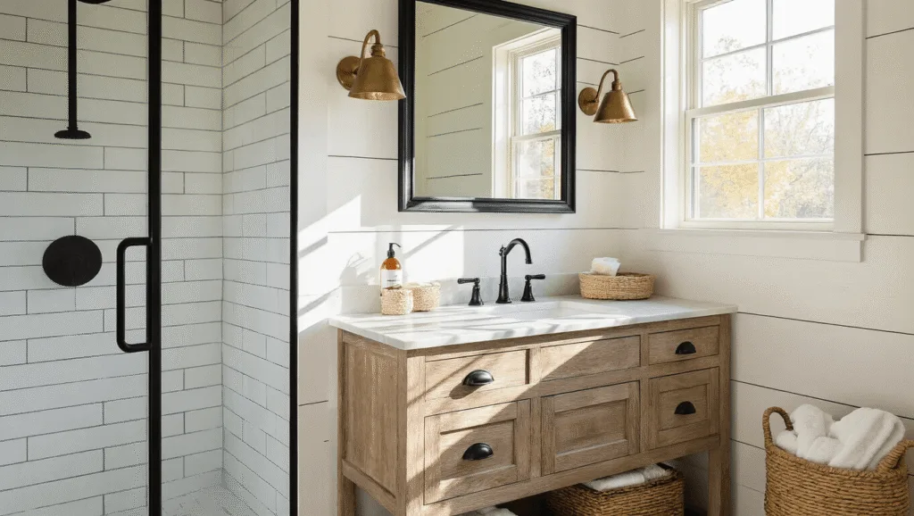 "Sunlit farmhouse bathroom with white subway tiles, black fixtures, oak vanity with marble top, shiplap walls, brass sconces, and morning light"