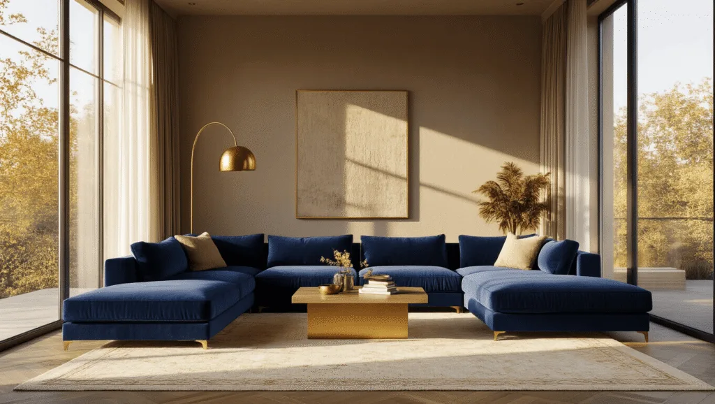 "Contemporary living room with navy velvet sofa, brass accents, Moroccan rug and floor-to-ceiling windows lit by golden hour light"
