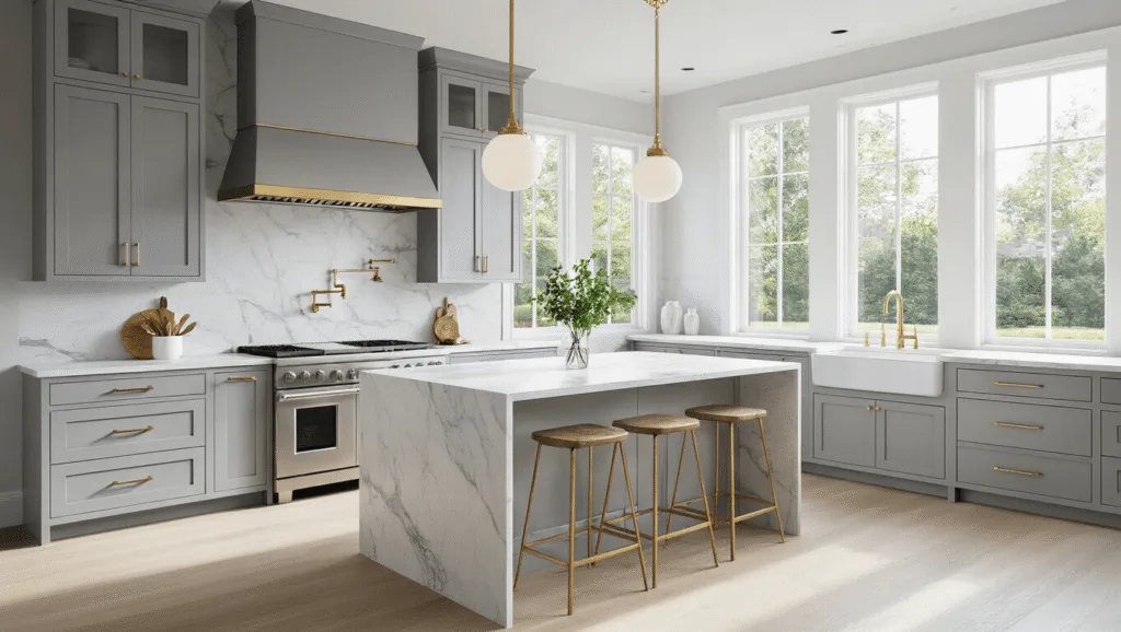 "Modern kitchen interior with gray shaker cabinets, white marble countertops, brass hardware, and natural light"