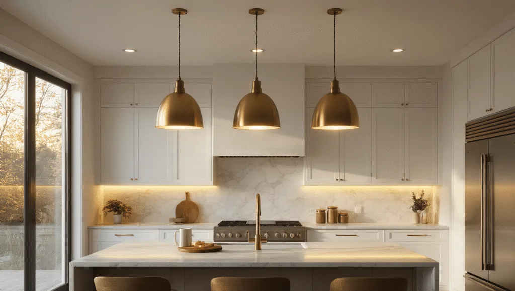 "Modern kitchen interior with warm glow from under-cabinet lighting, pendant lights, and recessed ceiling lights."