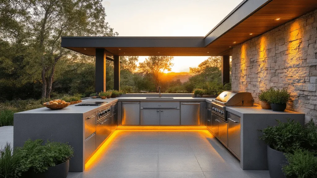 "Modern outdoor kitchen with polished concrete countertops, stainless steel appliances, and professional-grade grill station at sunset during golden hour"