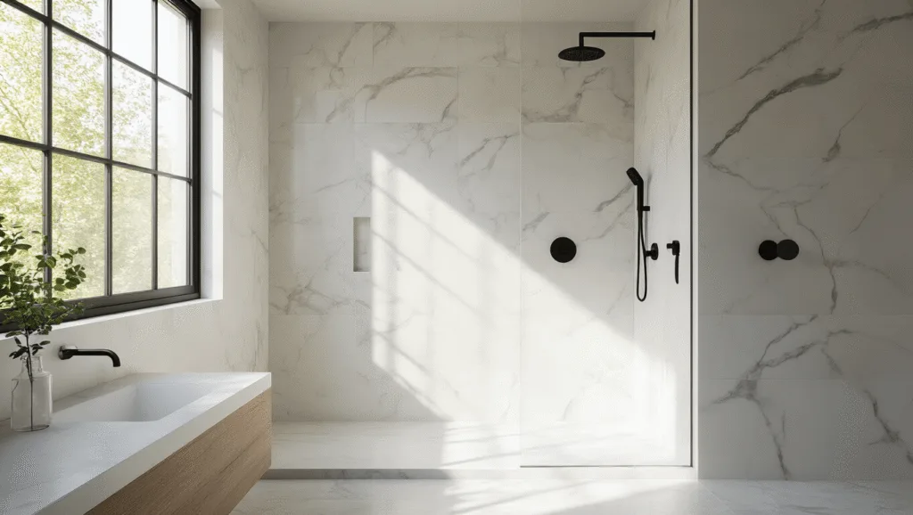 "Modern corner walk-in shower with white marble tiles, frameless glass panel, and matte black fixtures, bathed in morning sunlight"