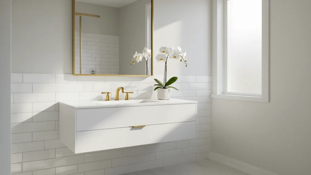 "Modern minimalist bathroom with white floating vanity, brass hardware, and morning light"