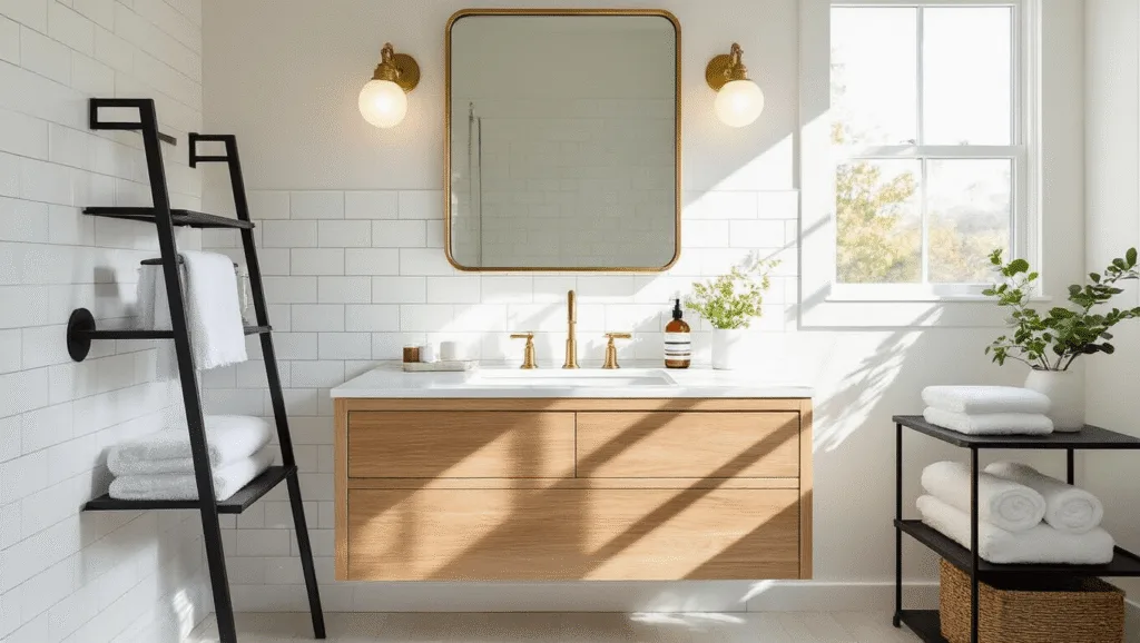 "Modern minimalist bathroom with white subway tiles, oak vanity, brass mirror, and black ladder shelf in morning sunlight"