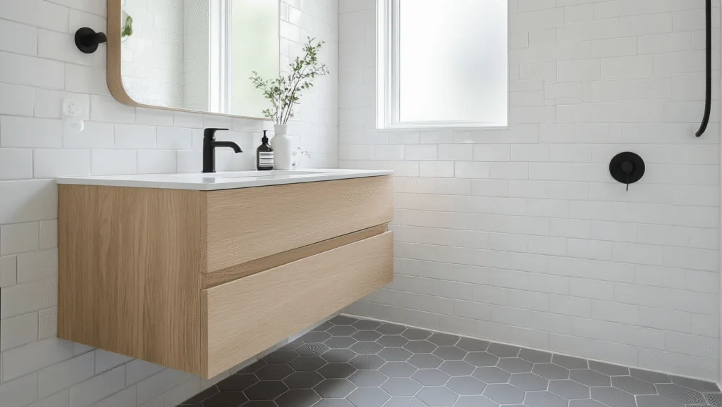"Minimalist bathroom with white oak floating vanity, black hardware, white subway tiles, and ghost gray floor tiles, bathed in natural morning light"