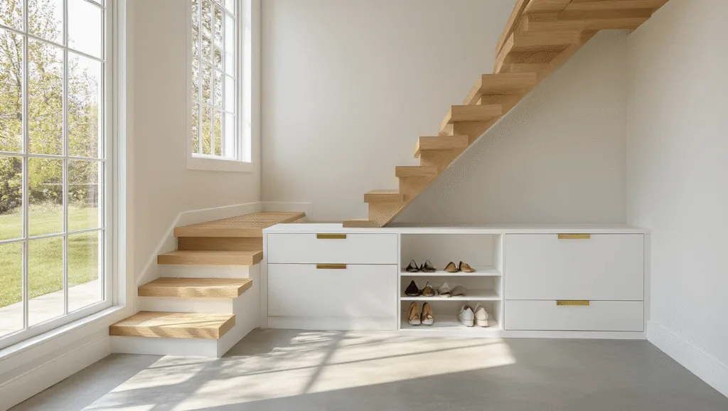 "Modern, minimalist entryway with white custom drawers beneath a natural oak staircase and polished concrete floors, illuminated by soft natural light"