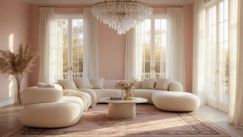 "High-end living room with blush pink walls, cream bouclé sofa, Persian rugs, crystal chandelier, floor-to-ceiling windows with white linen curtains, and warm sunlight streaming in."