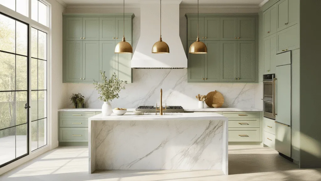"Sunlit modern kitchen with sage green cabinets, white marble waterfall island, brass pendant lights, floor-to-ceiling windows, and high-end finishes"
