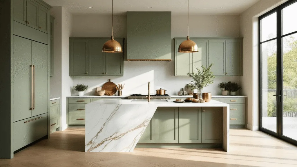 "Modern kitchen with sage green cabinets, white oak floors, quartzite waterfall island, and brass pendant lights, bathed in natural light"