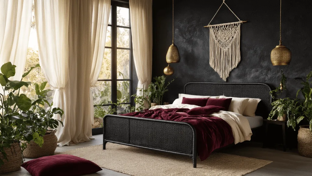 "Moody boho bedroom with black rattan bed, velvet pillows, macramé hangings, brass accents, and golden hour lighting."