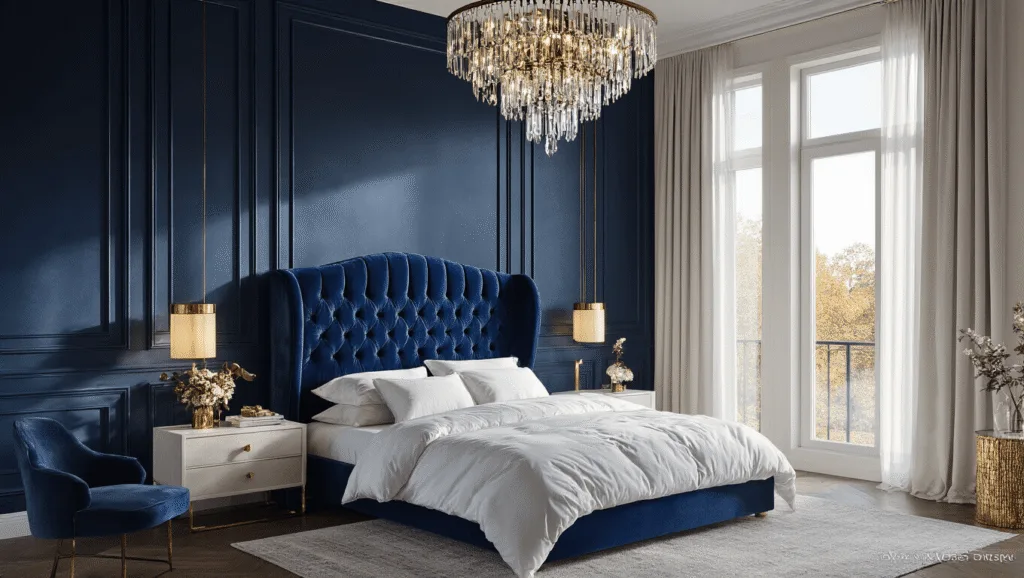 "Luxurious bedroom with navy blue walls, velvet headboard, crystal chandelier, white bedding, brass accents and tall windows with golden light"
