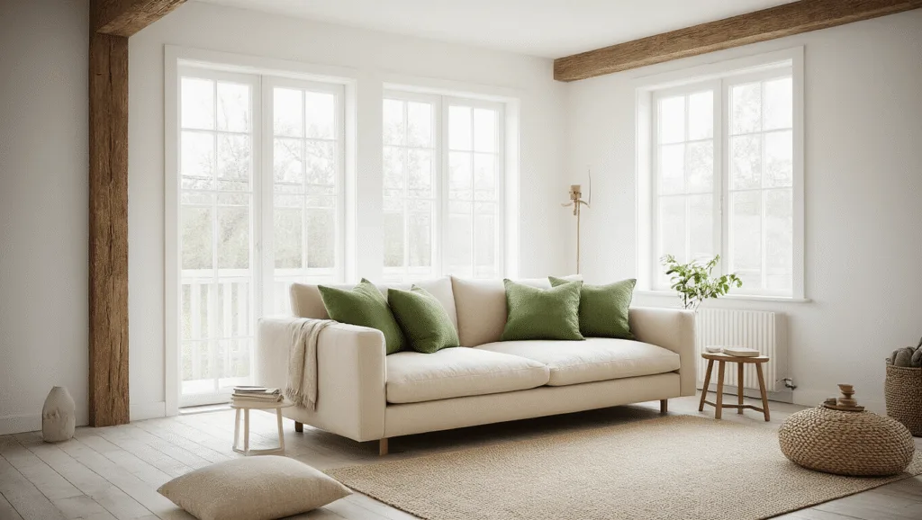 "Nordic cabin interior featuring a cream linen sofa with sage pillows, white walls, floor-to-ceiling windows allowing natural light, and wood accents in a minimalist design during the morning"