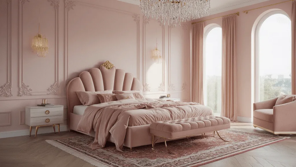 "Pink bedroom interior with blush walls, gold accents, velvet headboard, crystal chandelier, Persian rug, presented in morning light for a clean composition"