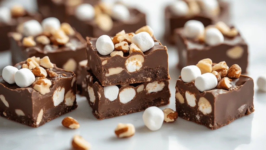 "Close-up of glossy chocolate fudge squares topped with marshmallows and nuts on a marble surface"