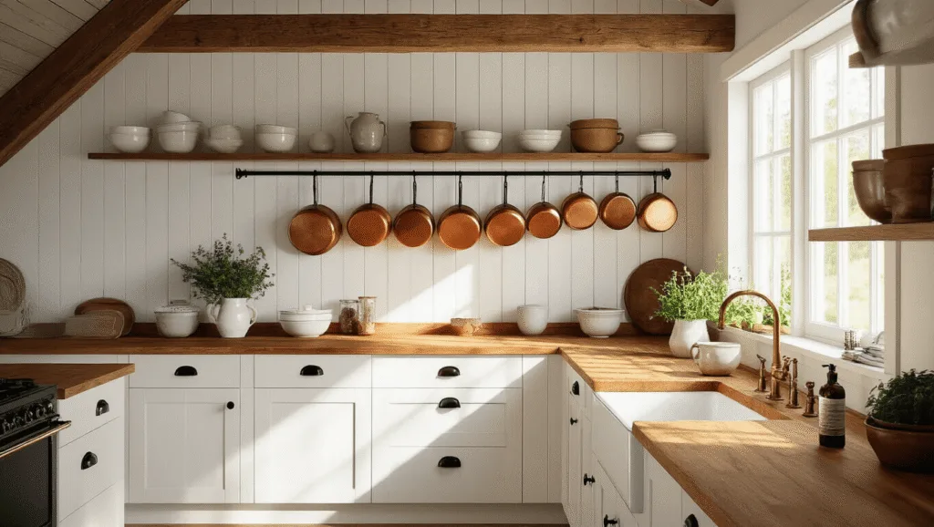 "Rustic cabin kitchen with white cabinets, butcher block countertops, copper pots, and morning sunlight streaming through the window"