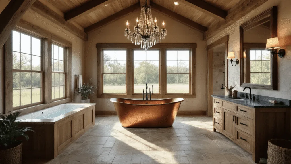 "Luxurious barndominium bathroom with copper tub, oak vanity, exposed beams, and factory-style windows lit by warm natural lighting."
