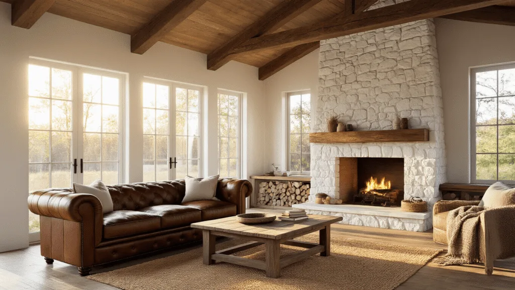 "Rustic living room with exposed wooden beams, leather sofa, stone fireplace and large windows in golden hour light"