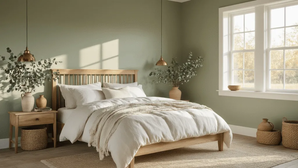 "Sage green bedroom with vintage decor and golden sunlight pouring through the windows"