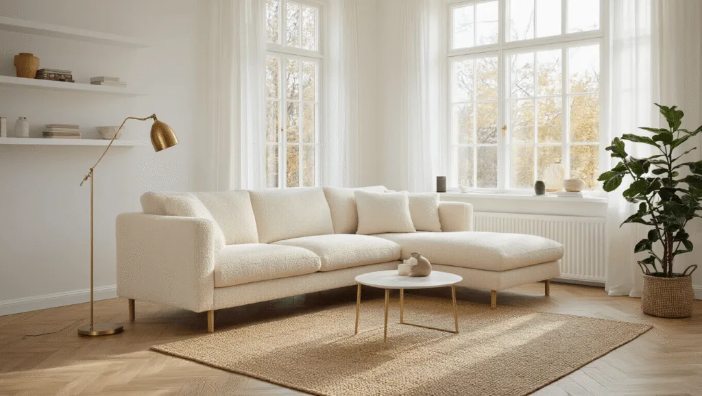 "Scandinavian style small living room with cream sofa, oak floors, large windows, brass accents, and natural textures in soft afternoon light"
