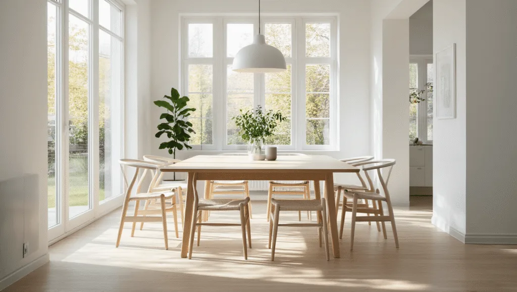 "Minimalist Scandinavian dining room with bright natural light, white decor, and a solitary potted plant"