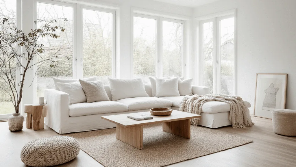 "Scandinavian style living room with a white linen sofa, oak coffee table, floor-to-ceiling windows allowing natural light to stream in, neutral palette, textured throws and minimalist decor in morning light."