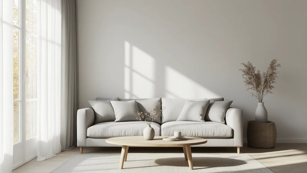 "Scandinavian living room with natural light, gray linen sofa, pale wood table, white walls, and minimalist decor."