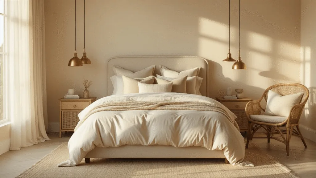 "Luxurious beige bedroom with natural light, textured linens, rattan accents, brass fixtures, and cream walls"