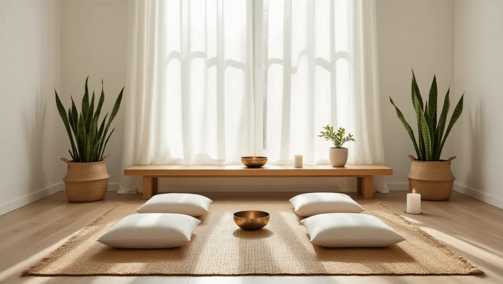 "Meditation room with natural light, wooden platform, ivory cushions, snake plants, and oak flooring in neutral tones"
