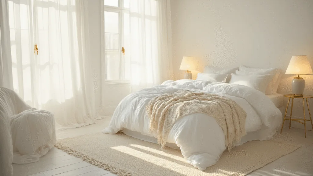 "Serene white bedroom illuminated by morning light, with plush layered bed, billowing curtains, and golden brass accents"