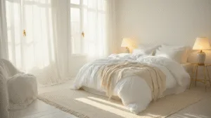 "Serene white bedroom illuminated by morning light, with plush layered bed, billowing curtains, and golden brass accents"