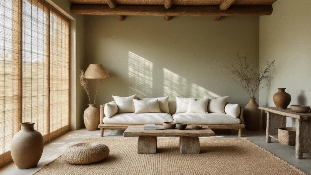 "Sunlit wabi-sabi living room with weathered wooden beams, linen sofa, handmade ceramics, vintage elm console and jute rug, with muted earth tones and organic shadow patterns cast through bamboo blinds."