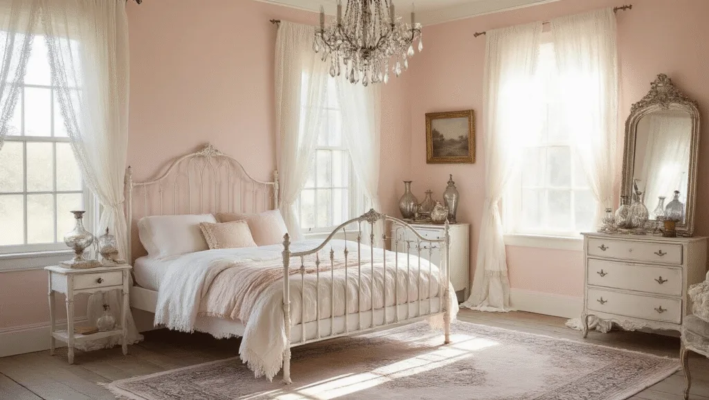 "Shabby chic bedroom with distressed white furniture, blush walls, lace curtains, vintage mirror, and morning light"