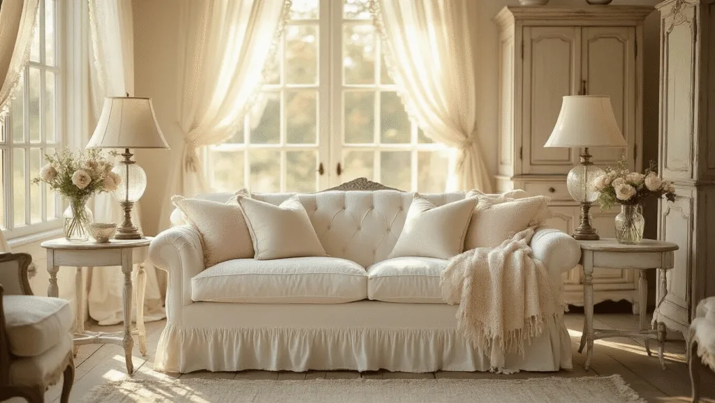 "Shabby chic vintage living room in soft pastels with distressed furniture and fresh flowers"