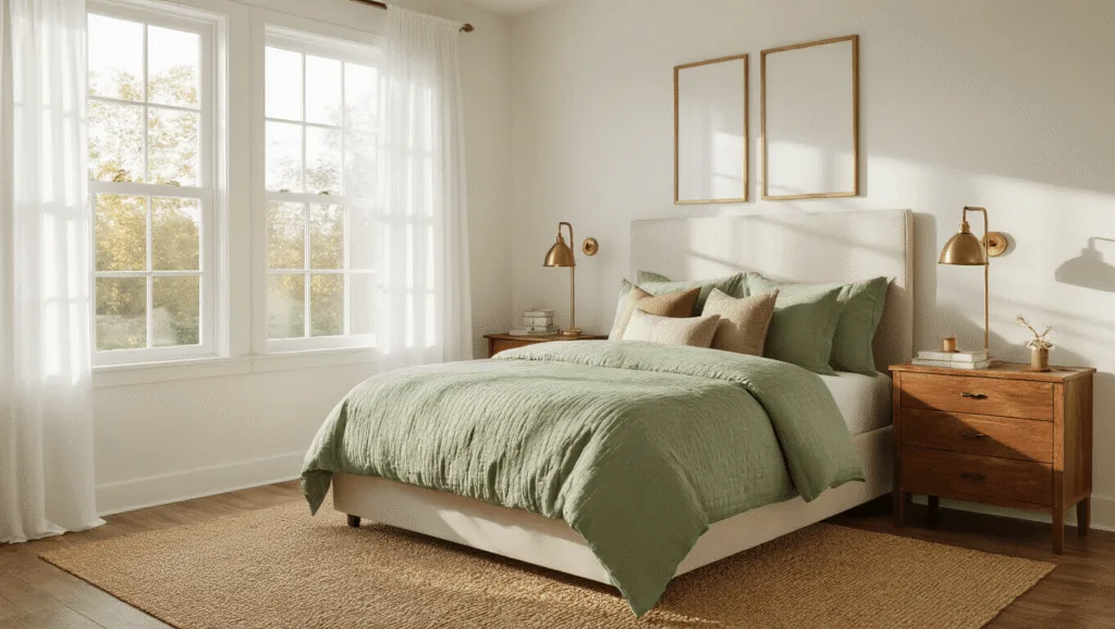 "Sunlit guest room with a queen bed in sage bedding, vintage nightstands, sheer curtains and a jute rug in the morning light"