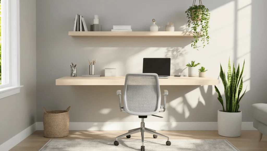 "Cozy home office nook with a floating oak desk, ergonomic chair, pegboard, and snake plant, lit by natural window light."