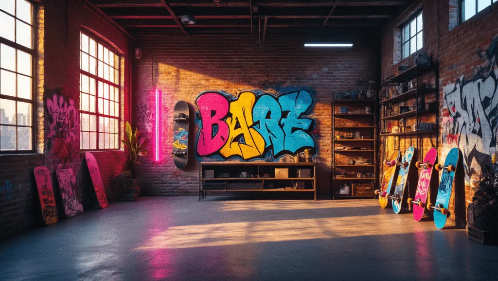 "Urban loft interior with exposed brick walls, graffiti art, skateboard deck decor, neon lights, large industrial windows and golden hour light"