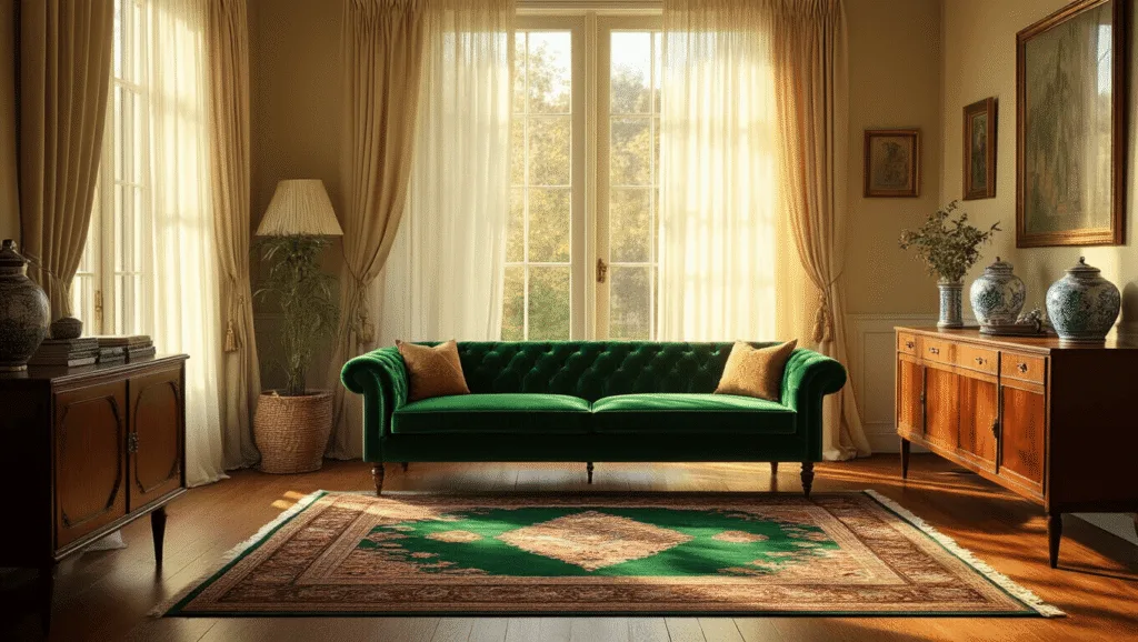 "Emerald velvet sofa on a Persian rug under golden sunlight streaming through sheer curtains, in a vintage living room with a teak sideboard and hardwood floors"