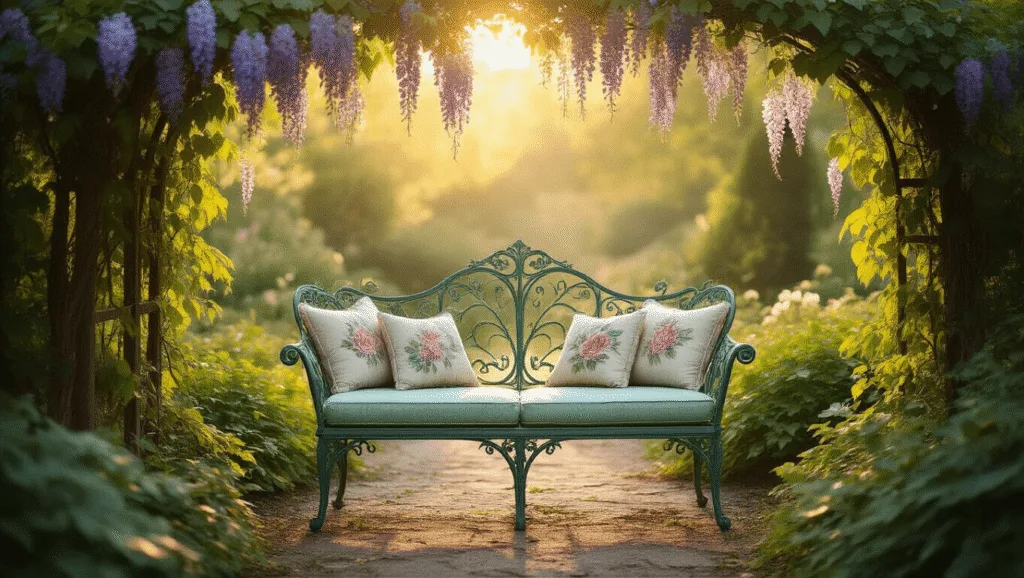 "Vintage garden with a mint-green wrought iron settee, cascading ivy and wisteria, under the dappled sunlight during golden hour"