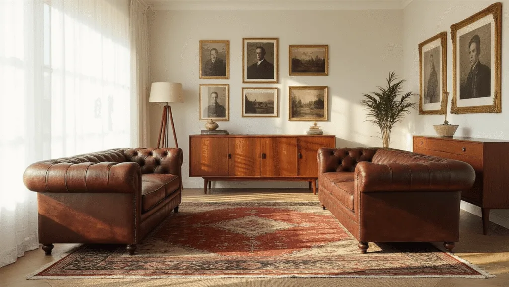 "Sunlit mid-century modern living room with distressed leather Chesterfield sofa, teak sideboard, Persian rug, and gold-framed gallery wall, bathed in warm afternoon light filtering through sheer curtains."