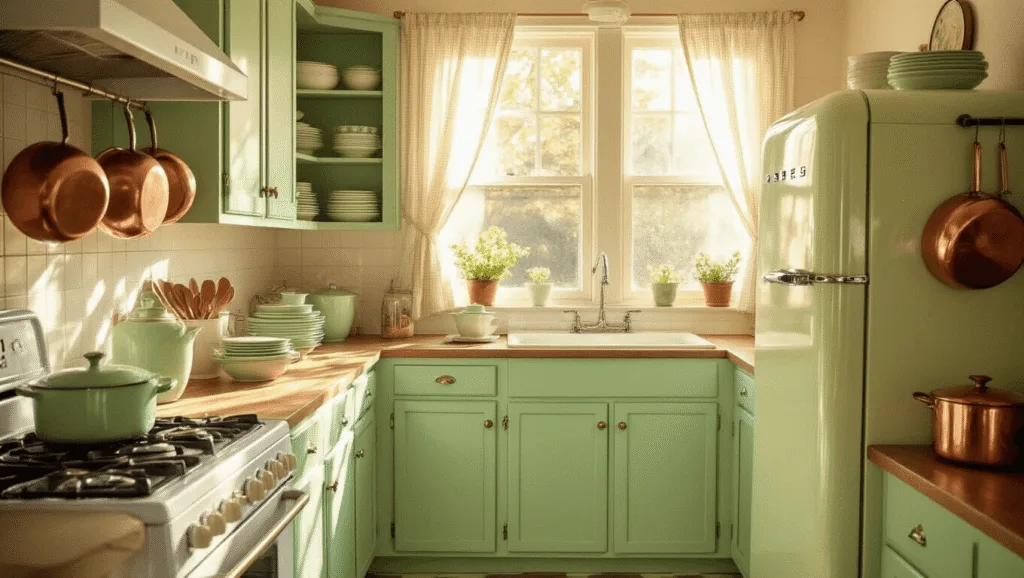 "1950s style kitchen with mint green cabinets, jadeite dishes, a cream Smeg fridge, copper pots, and gingham curtains in golden hour sunlight"