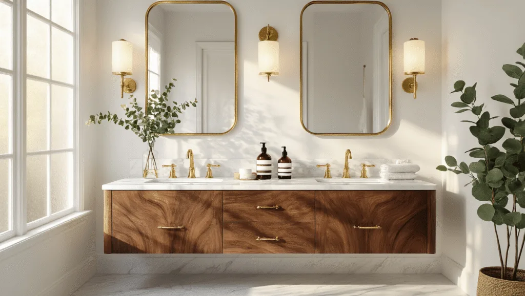 "Luxurious bathroom with walnut vanity, brass fixtures, marble surfaces, and art deco-inspired mirror in golden hour light"