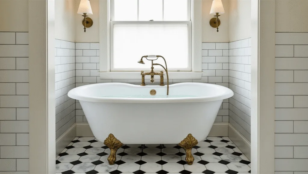 "Vintage modern bathroom with a white clawfoot tub, marble hex tile flooring, brass fixtures, and white subway-tiled walls, bathed in soft natural light"