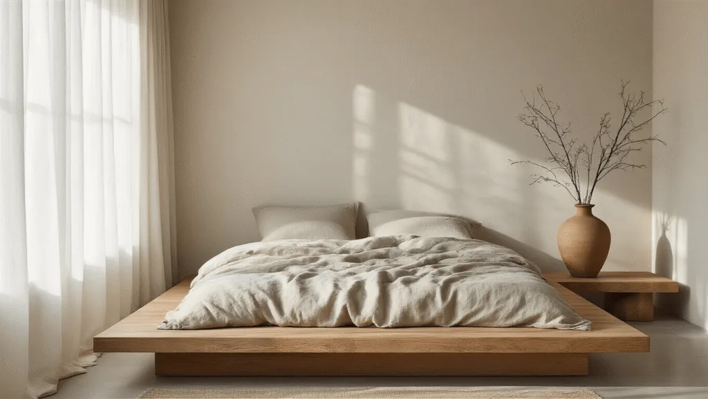 "Minimalist wooden platform bed with neutral stone-washed linen, sheer white curtains, and a ceramic vase with dried branches in a serene, morning-lit bedroom"