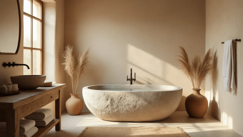 "Serene bathroom with a stone bathtub, wooden vanity, clay plaster walls and natural accents in warm light"