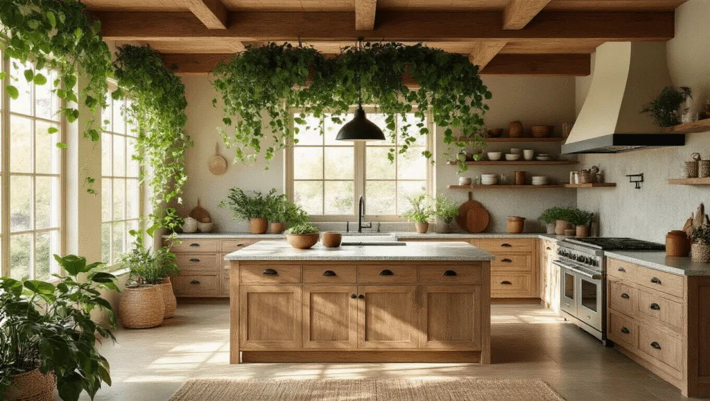 "Sun-drenched kitchen with wooden beams, granite island, reclaimed oak cabinets and cascading plants in the morning light"