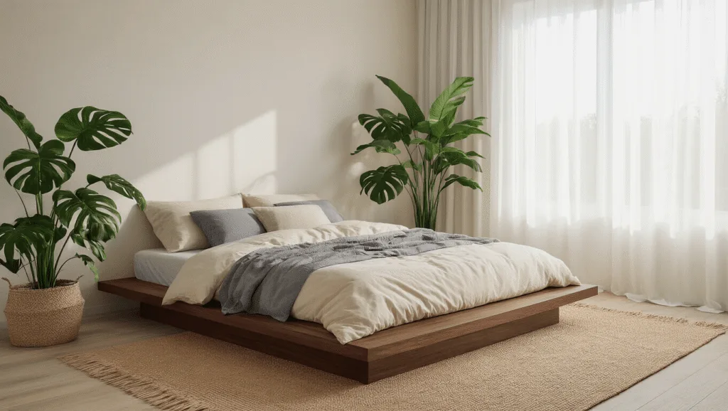 "Peaceful minimalist bedroom with low platform bed, natural textiles, monstera plant, and morning sunlight through sheer curtains in neutral tones."