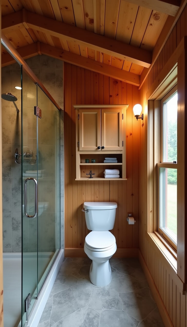Overhead view of compact 5x7ft cabin bathroom with corner glass shower, herringbone stone tile floor, wall-mounted toilet, cedar planked walls, and exposed beam ceiling.